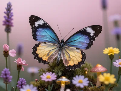 Blue and Yellow Butterfly Resting on Mossy Mushroom