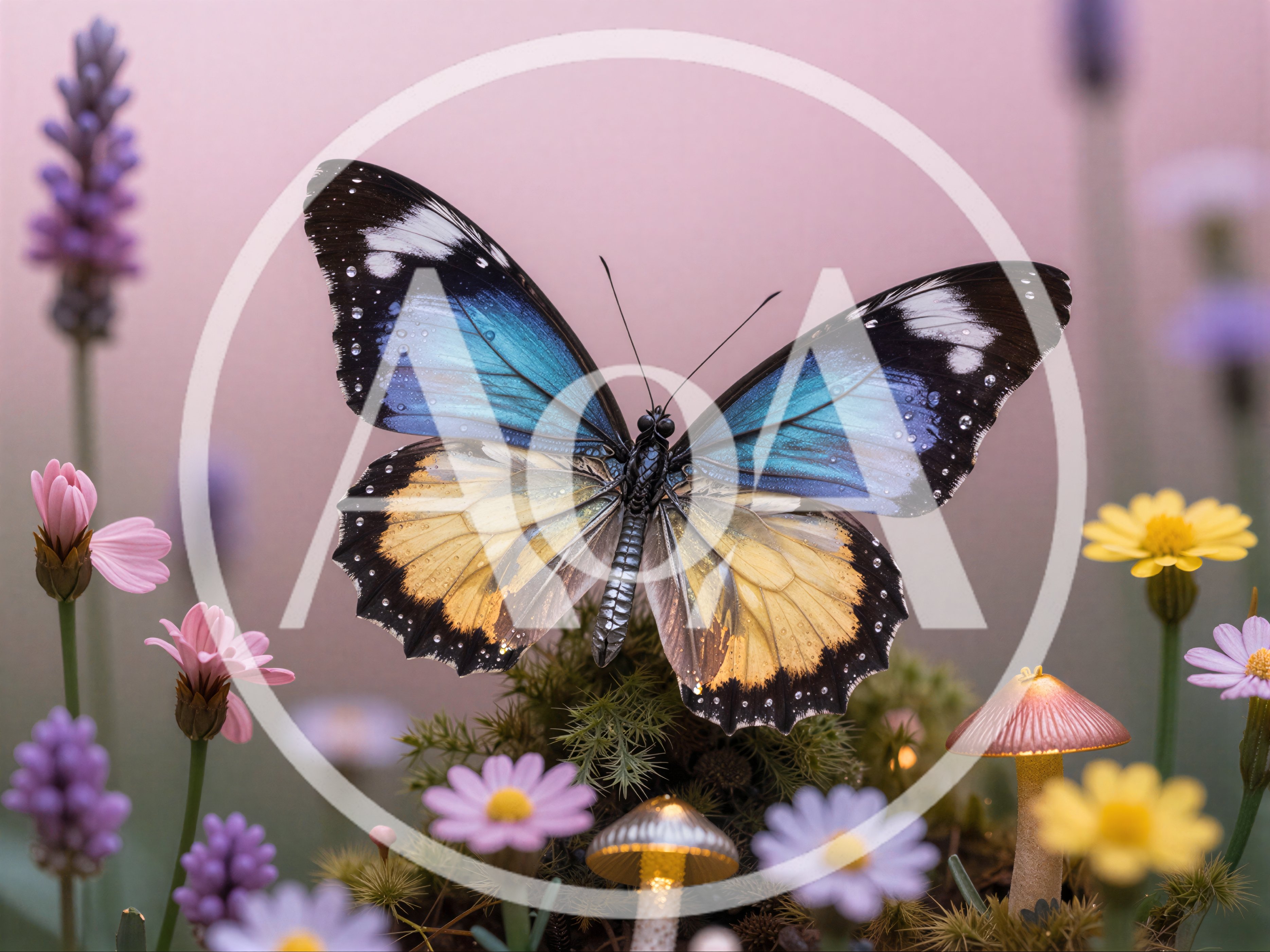 Blue and Yellow Butterfly Resting on Mossy Mushroom