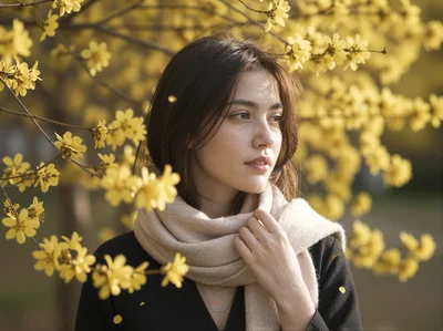 Young Woman Posing Amidst Blooming Yellow Flowers