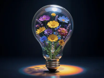 Flowers Blooming Inside A Glass Light Bulb