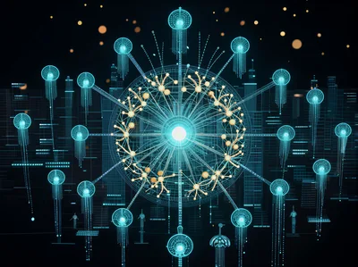 Digital Network Hub Over Futuristic Cityscape