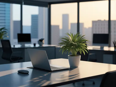 Modern Office Desk With Laptop And Potted Plant
