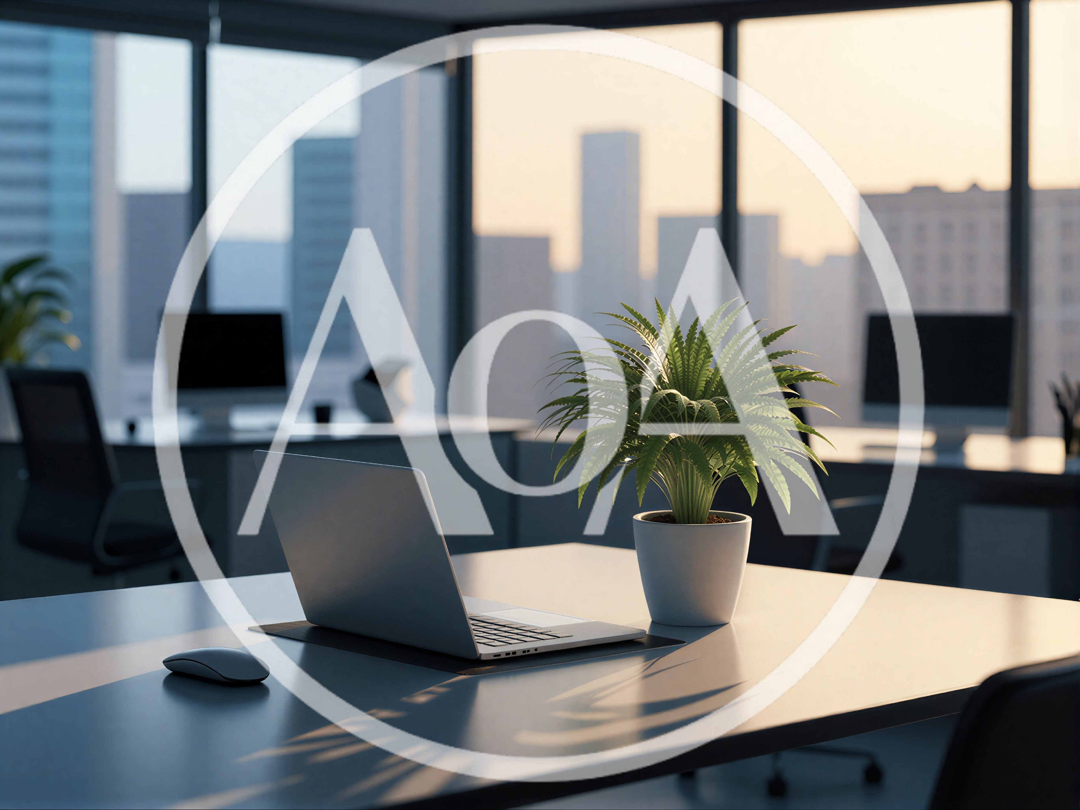 Modern Office Desk With Laptop And Potted Plant