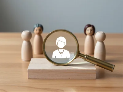 Wooden Figurines With Magnifying Glass And Person Icon
