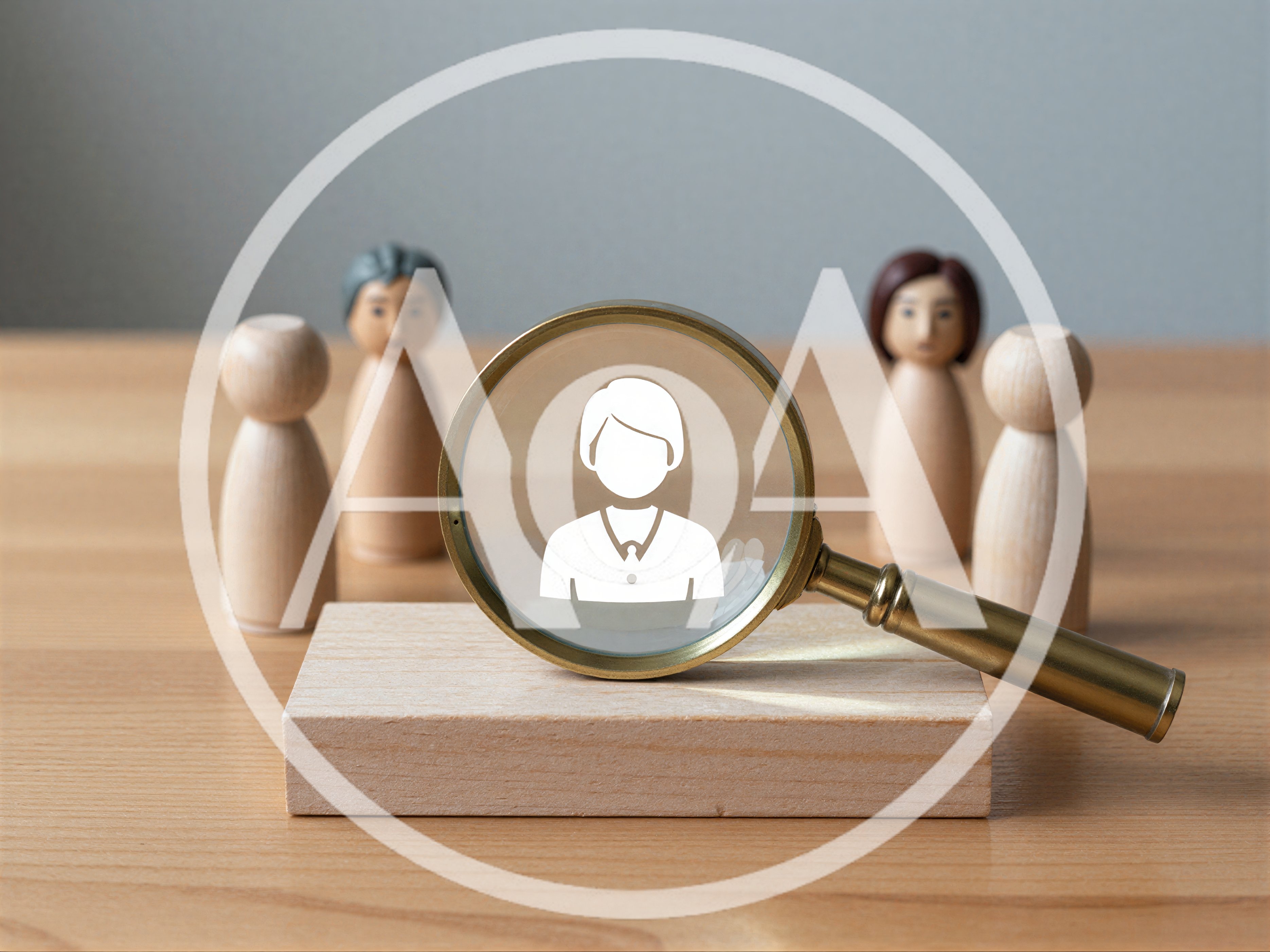 Wooden Figurines With Magnifying Glass And Person Icon