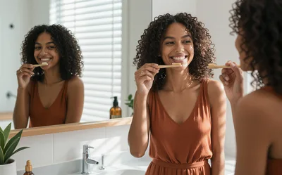 Young Woman Brushing Teeth In Bathroom Mirror