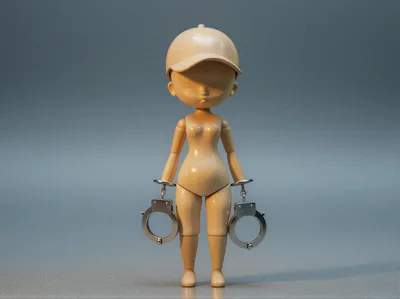 Wooden Mannequin Doll Wearing Cap Holding Metal Handcuffs