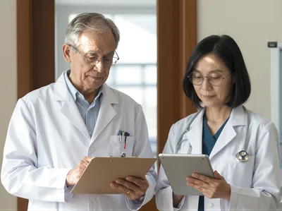 Two Doctors Reviewing Medical Records In A Hospital