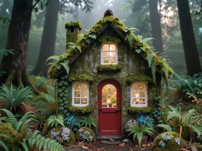 Miniature Mossy Fairy House In A Misty Forest