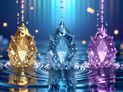 Three Gemstone Drops Creating Ripples In Water