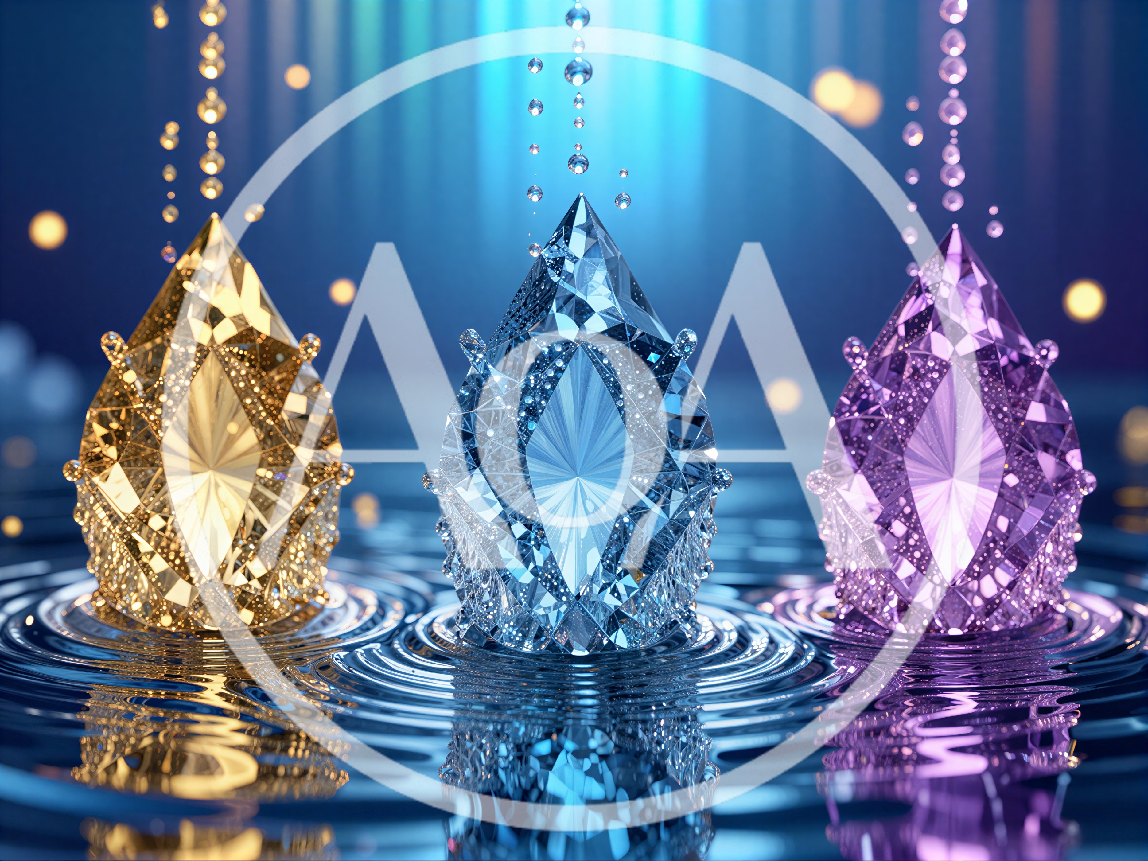 Three Gemstone Drops Creating Ripples In Water