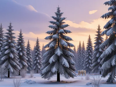 Polar Bear Walking Through A Snowy Pine Forest