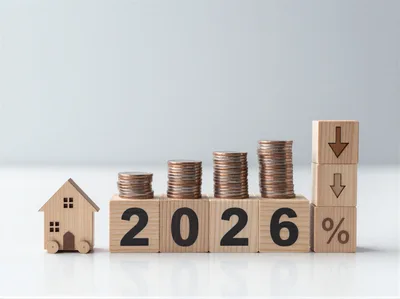 Wooden Blocks With 2026 And Coins Representing Real Estate