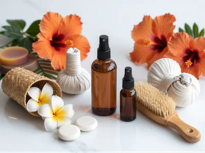 Spa Wellness Still Life With Essential Oils And Flowers