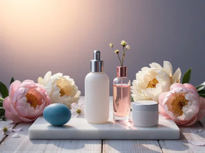 Skincare Products With Peonies And Blue Egg