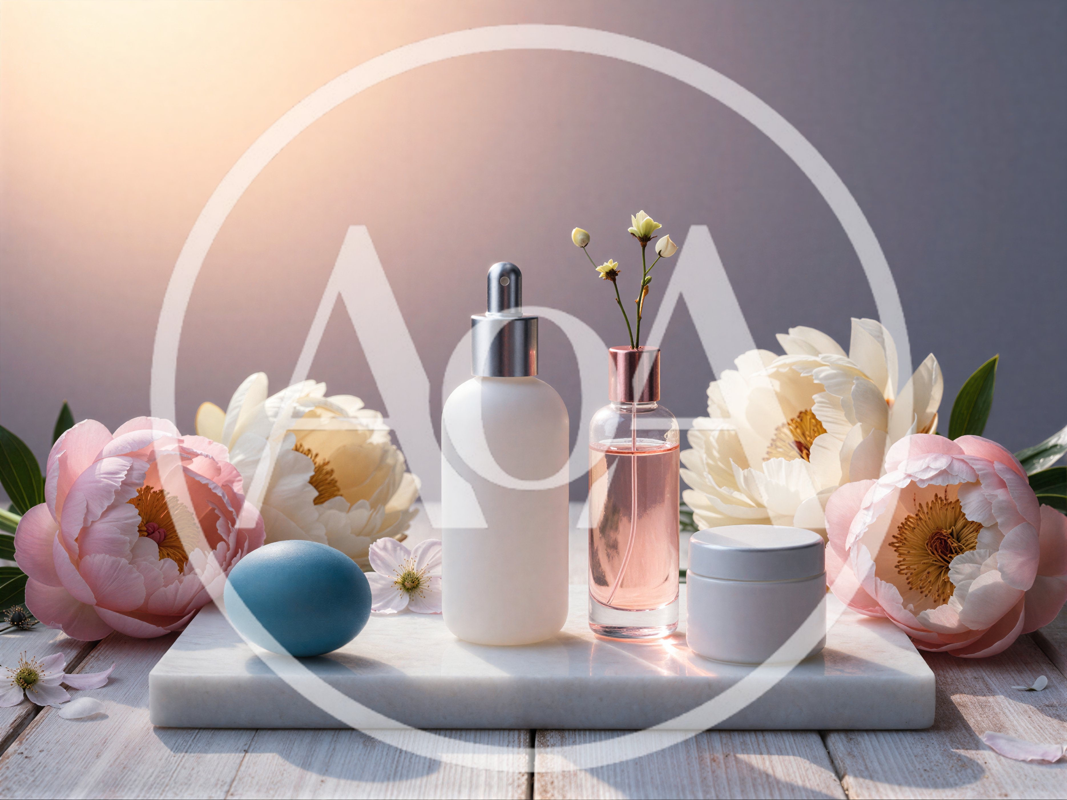 Skincare Products With Peonies And Blue Egg