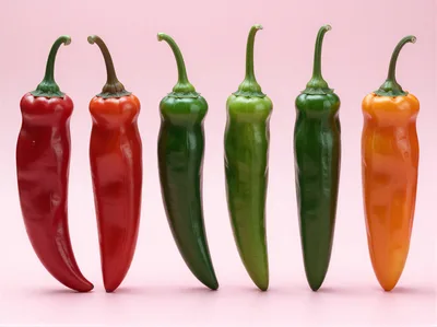Six Colorful Chili Peppers Lined Up On Pink Background