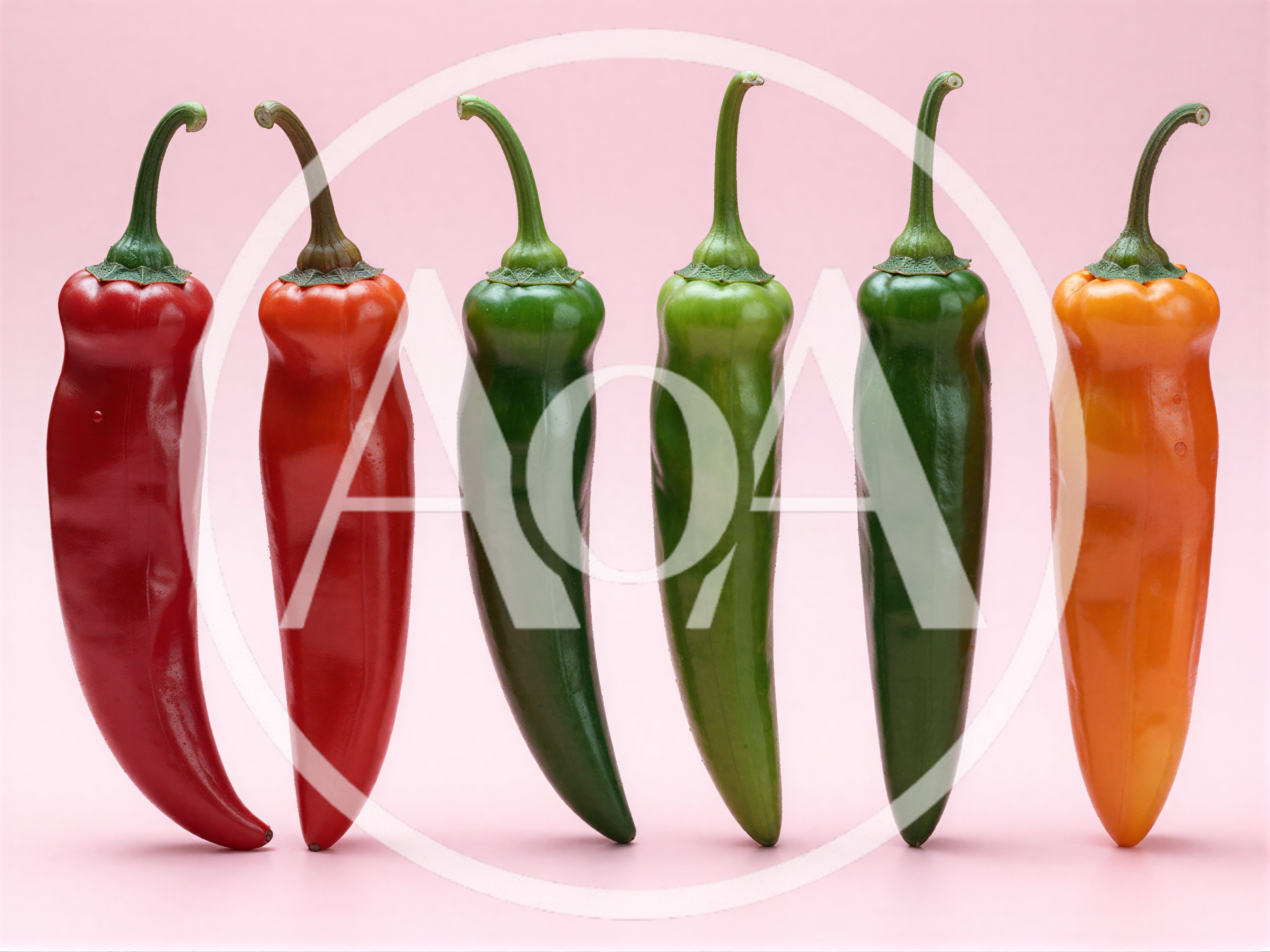 Six Colorful Chili Peppers Lined Up On Pink Background