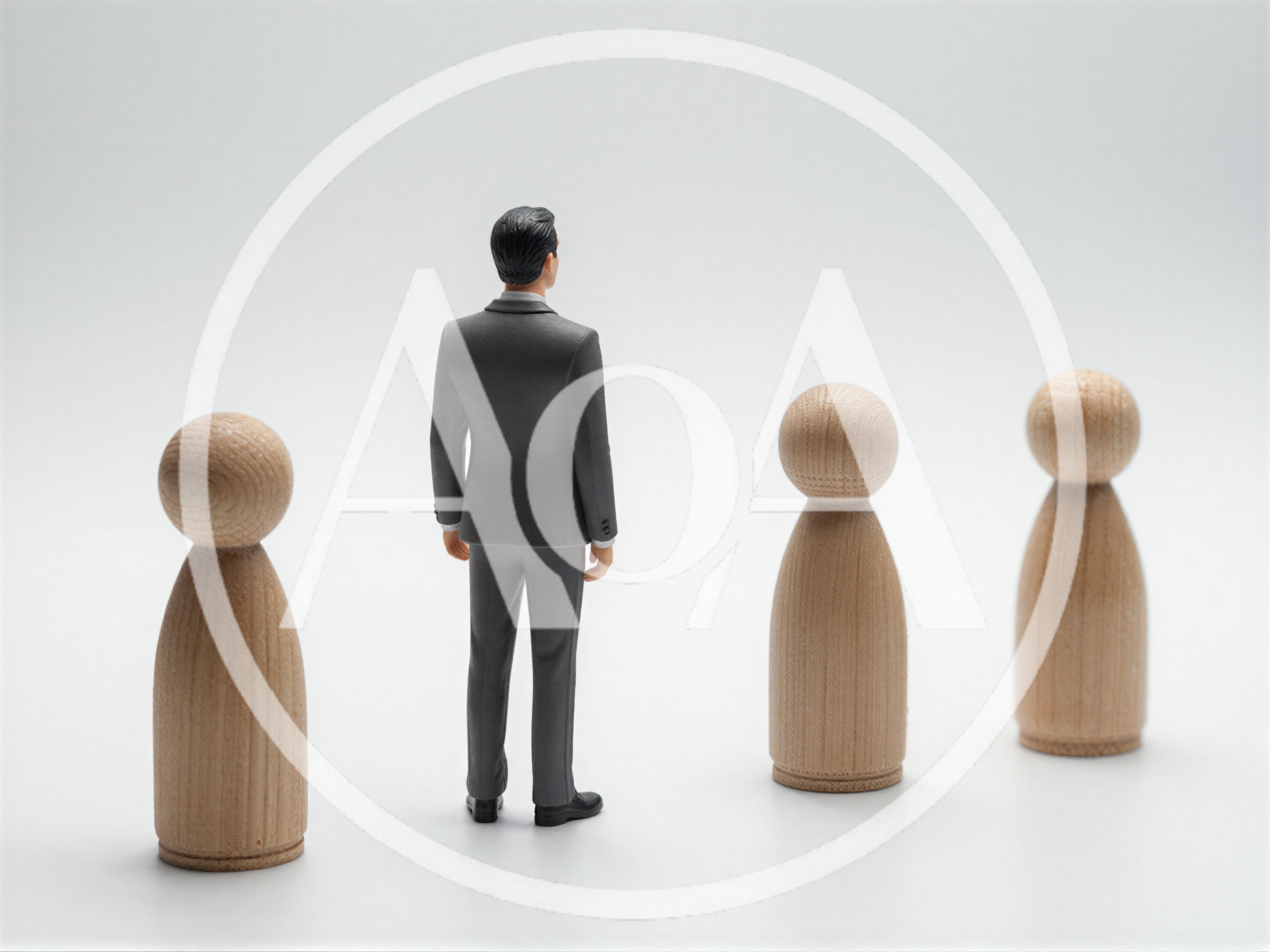 Business Leader Standing Among Wooden Peg Figures