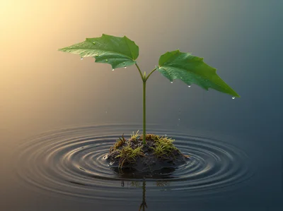 Small Green Sprout Growing From A Floating Mud Island