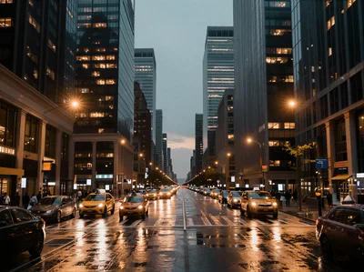 Yellow Taxis Driving Down Wet New York City Street