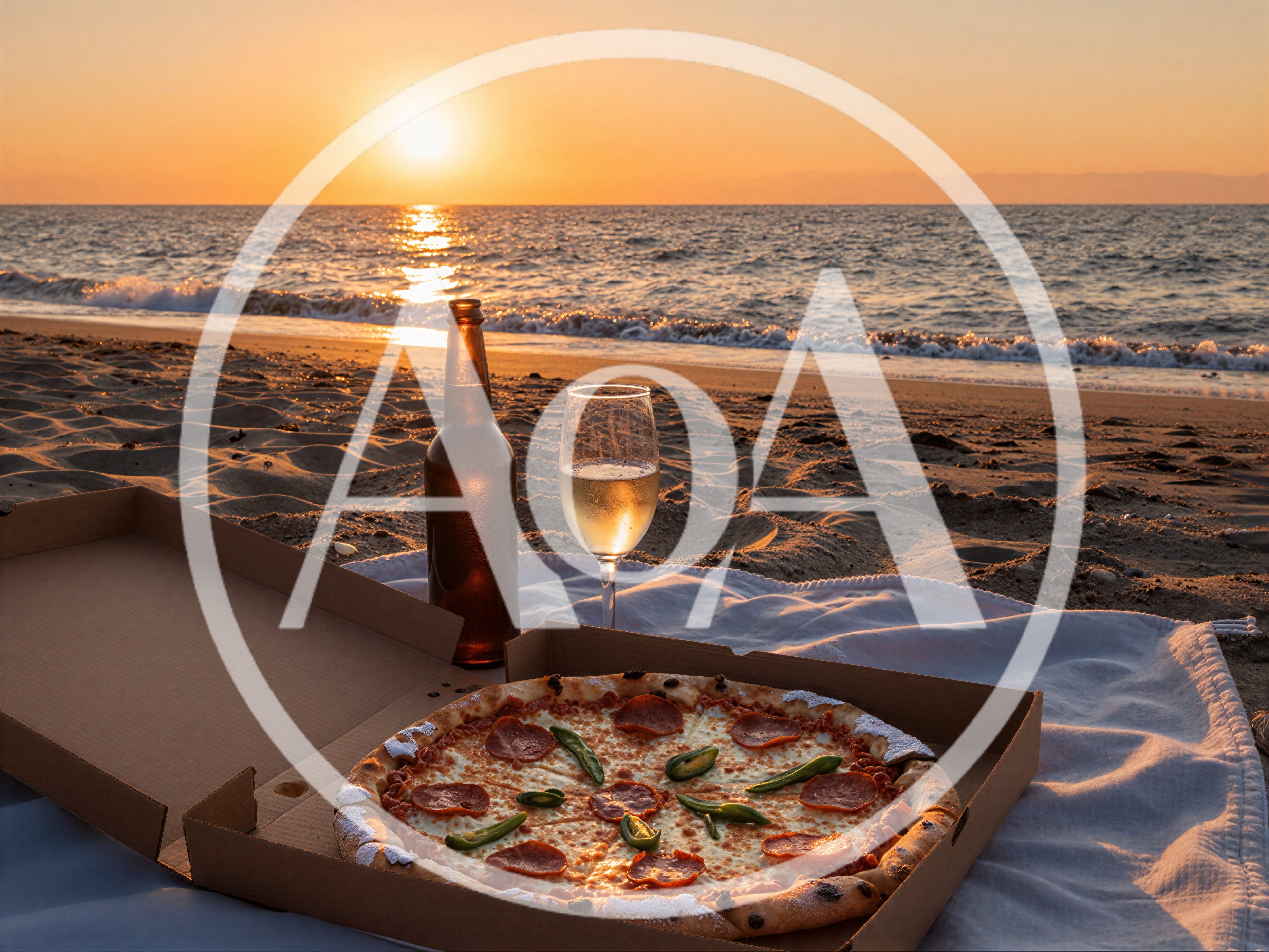 Pizza And Drinks On A Beach At Sunset