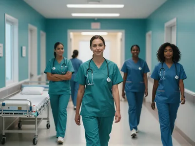 Diverse Medical Professionals Walking Down Hospital Corridor