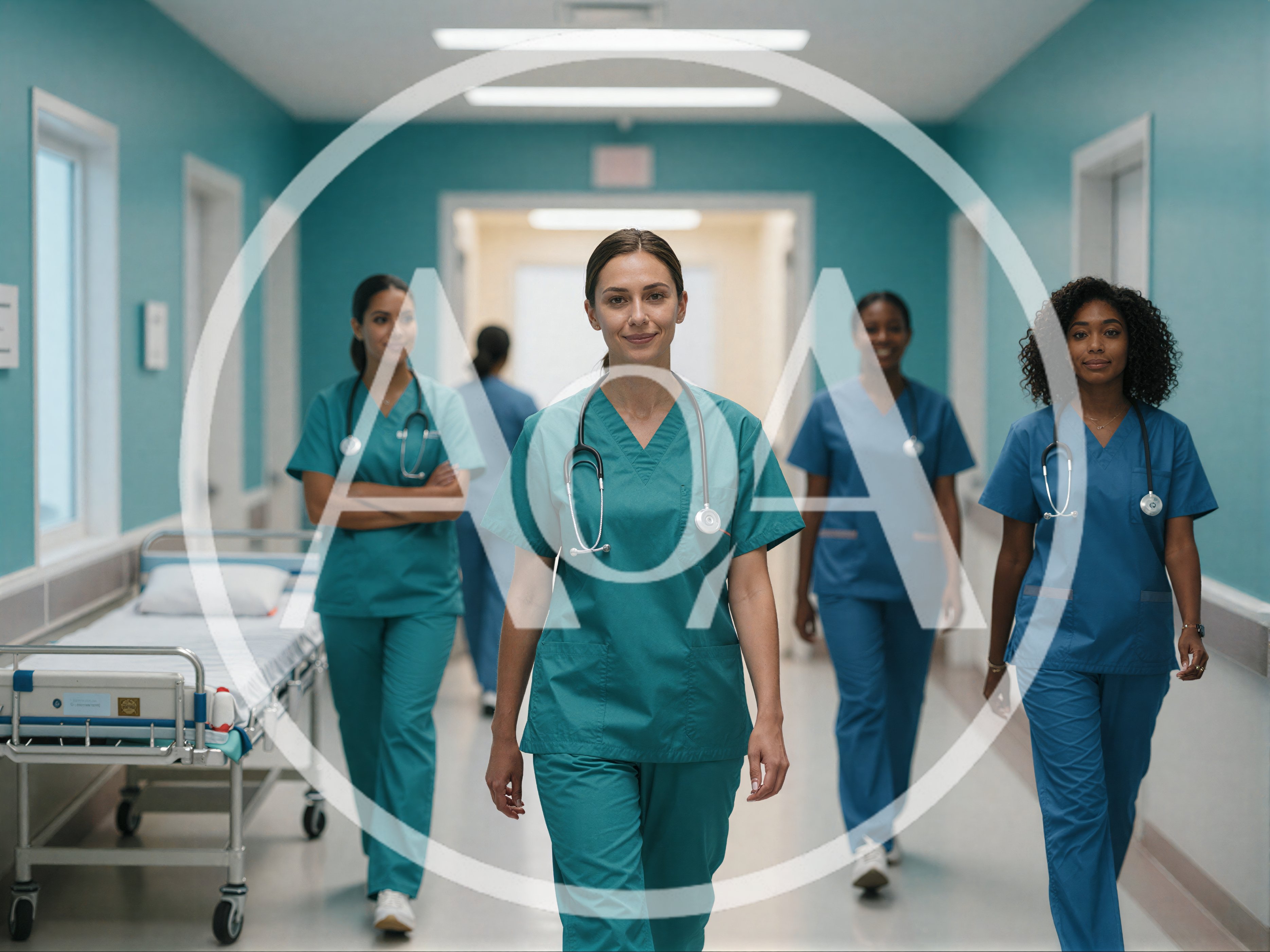 Diverse Medical Professionals Walking Down Hospital Corridor