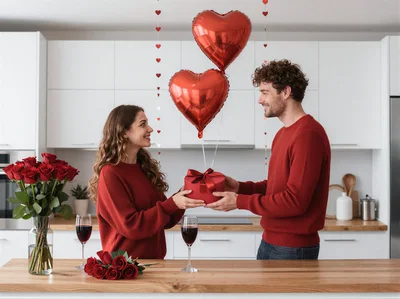 Couple Exchanging Valentine Gift in Modern Kitchen