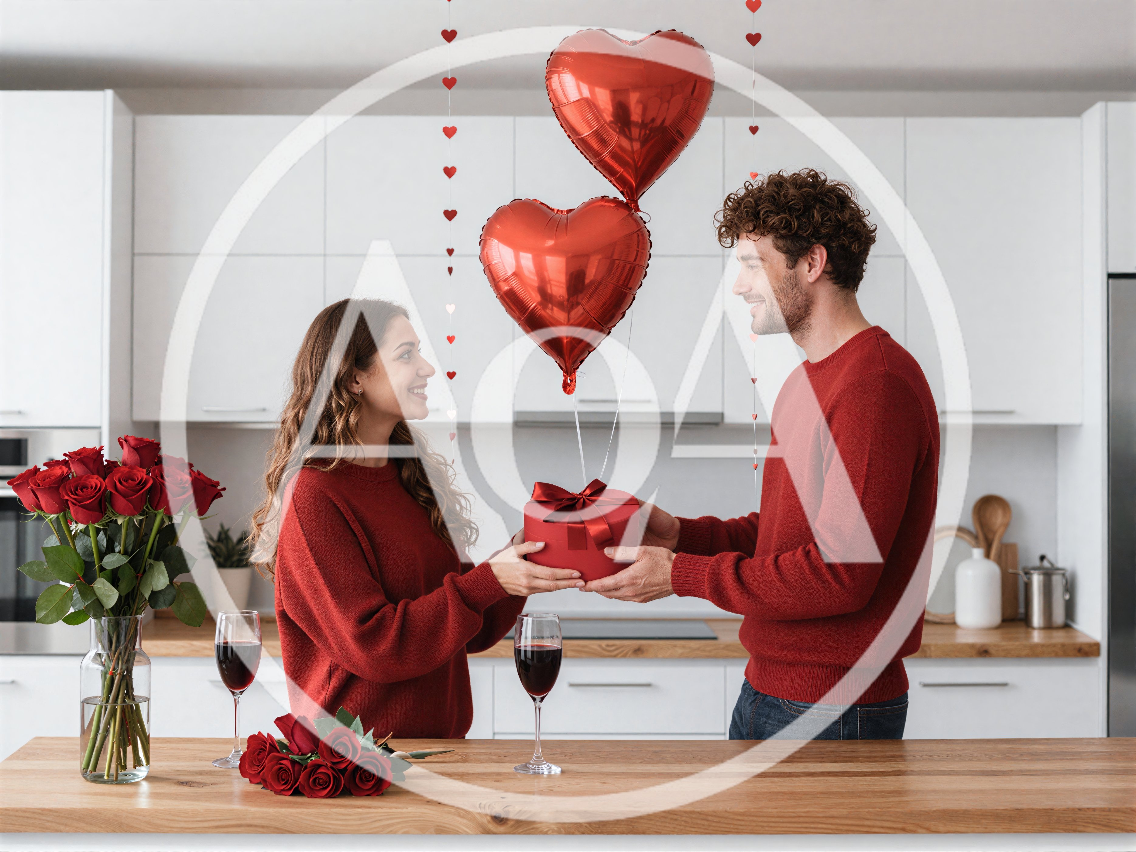 Couple Exchanging Valentine Gift in Modern Kitchen