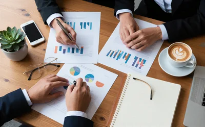 Business Professionals Reviewing Financial Charts At Office Desk