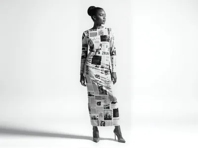 Fashion Model Wearing Newspaper Print Long Sleeve Dress