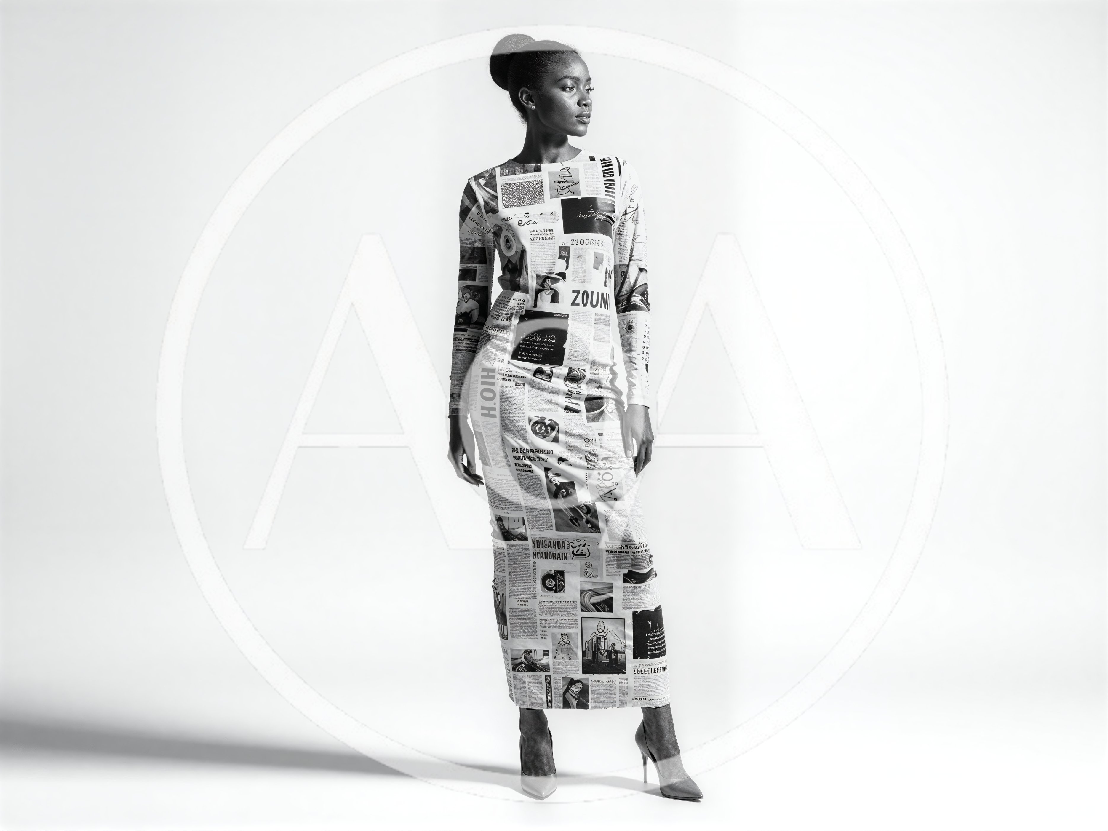 Fashion Model Wearing Newspaper Print Long Sleeve Dress