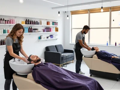 Professional Hair Stylists Washing Clients Hair In Salon