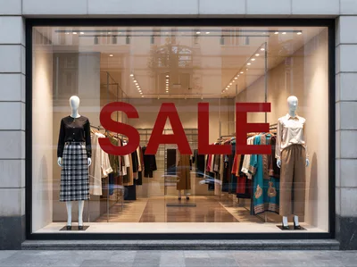 Storefront Window Display With Sale Sign And Mannequins