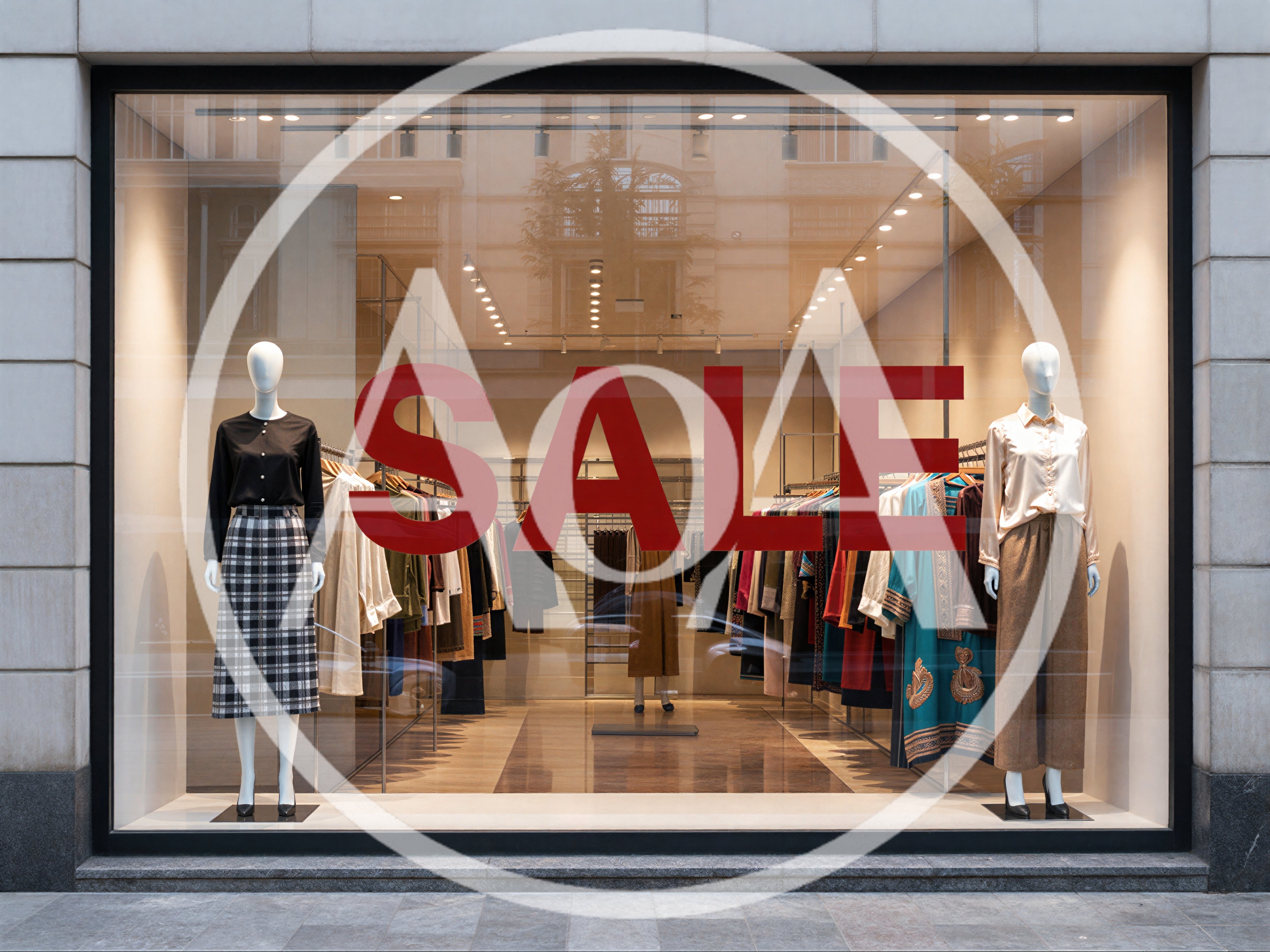 Storefront Window Display With Sale Sign And Mannequins