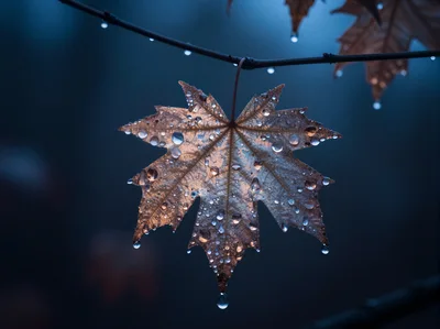 Single Maple Leaf With Raindrops On A Branch