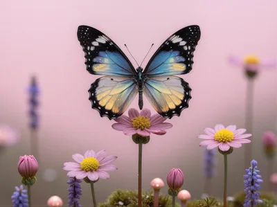 Blue And Yellow Butterfly Perched On Pink Flower