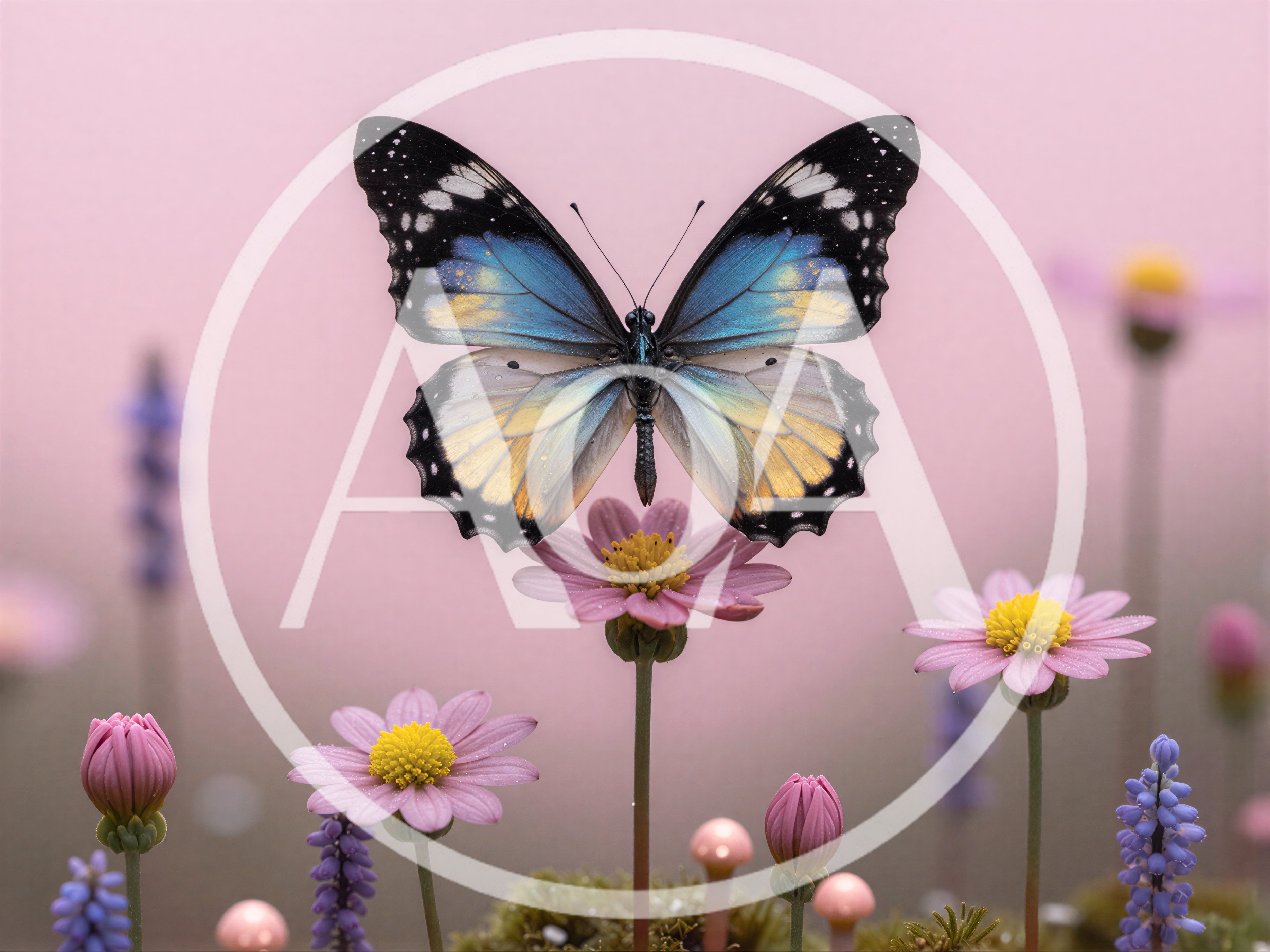 Blue And Yellow Butterfly Perched On Pink Flower