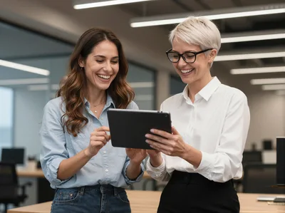 Two Professional Women Collaborating on a Tablet in Office