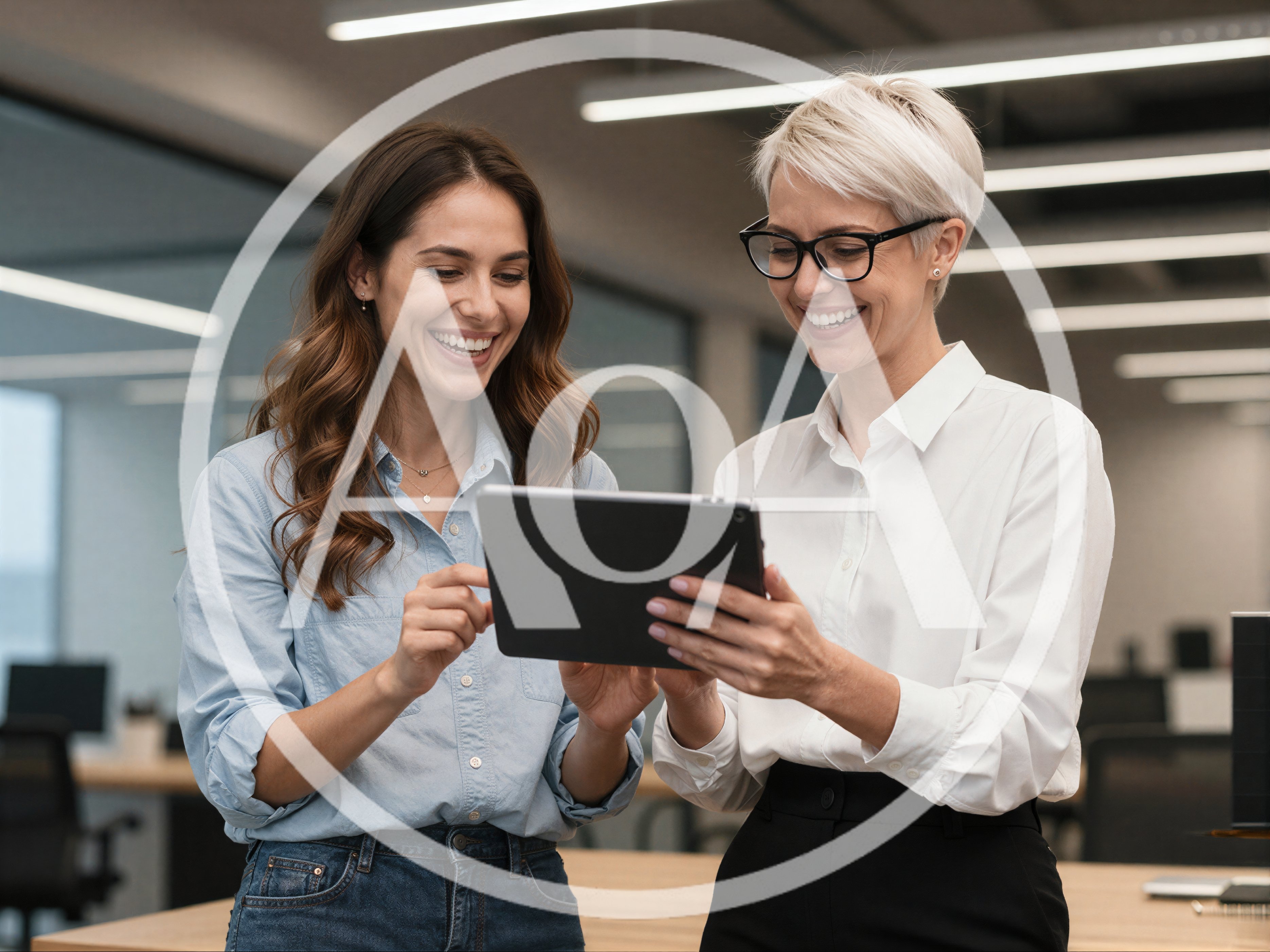 Two Professional Women Collaborating on a Tablet in Office