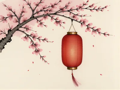 Red Chinese Lantern Hanging From Cherry Blossom Branch