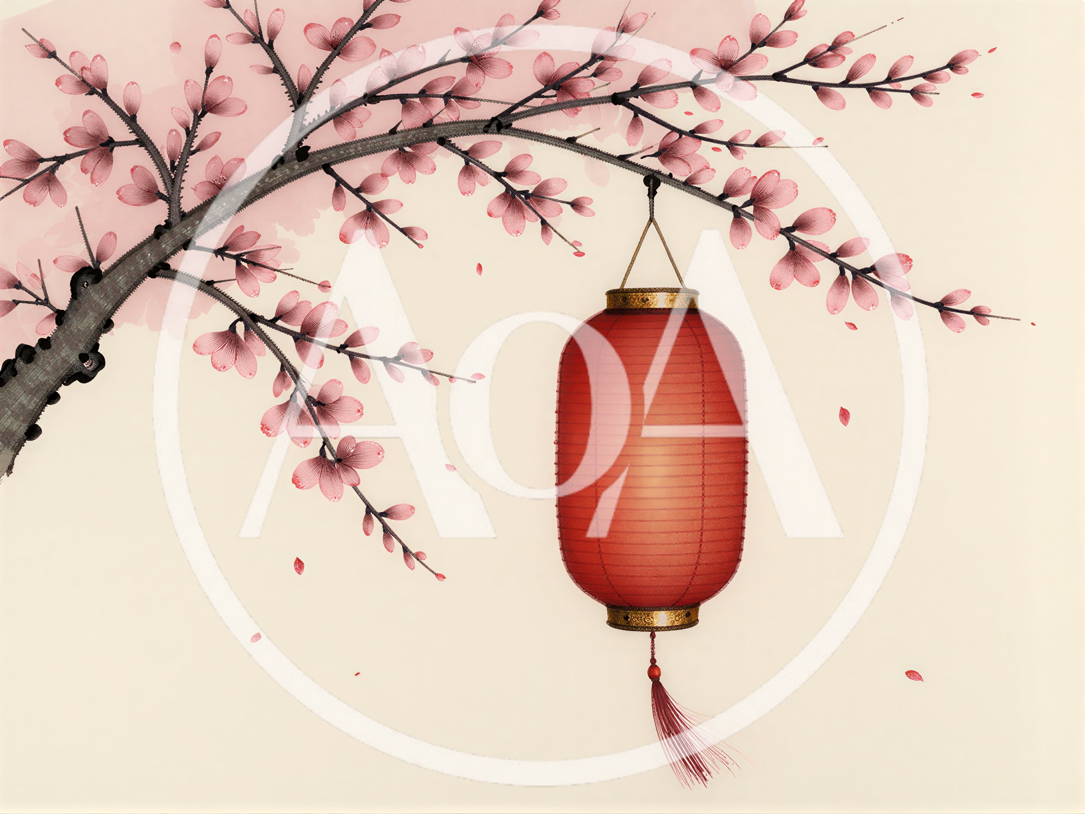 Red Chinese Lantern Hanging From Cherry Blossom Branch