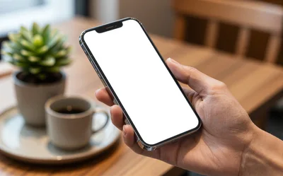 Person Holding Smartphone With Blank Screen In Cafe