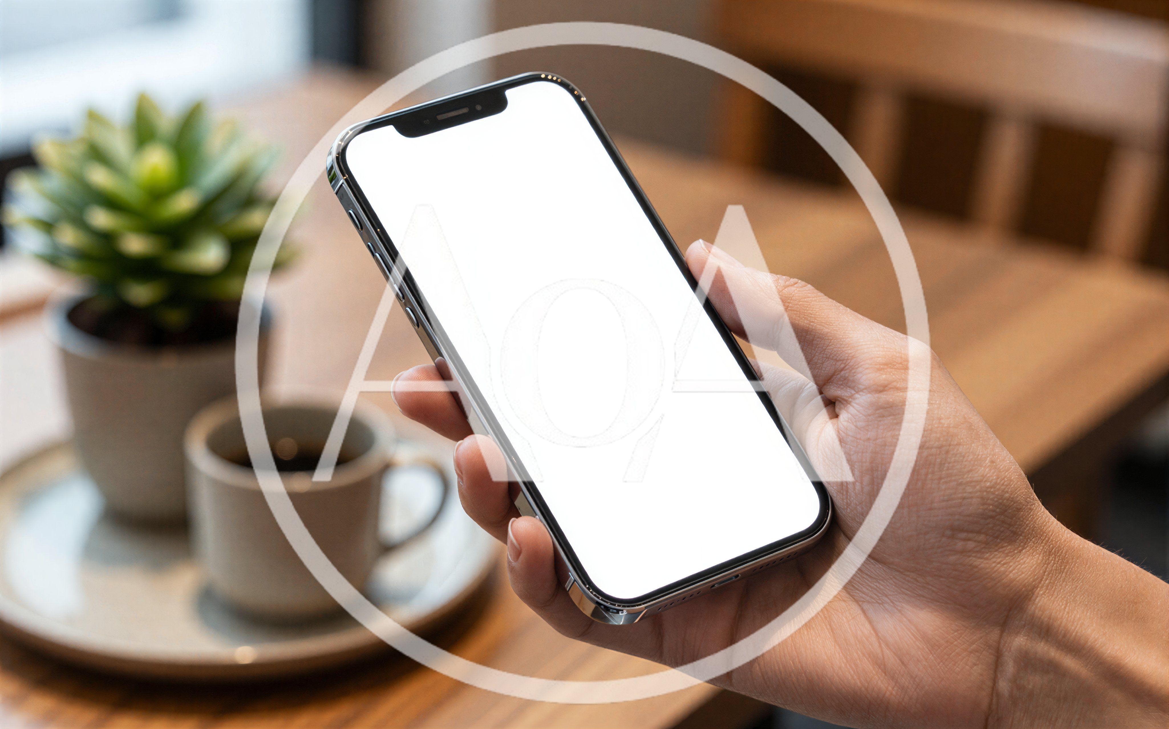 Person Holding Smartphone With Blank Screen In Cafe