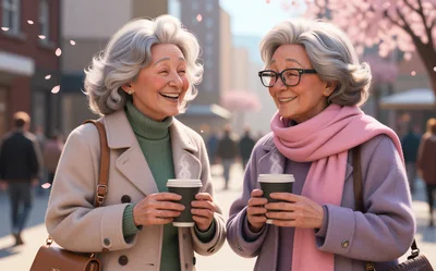 Two Senior Women Enjoying Coffee Outdoors