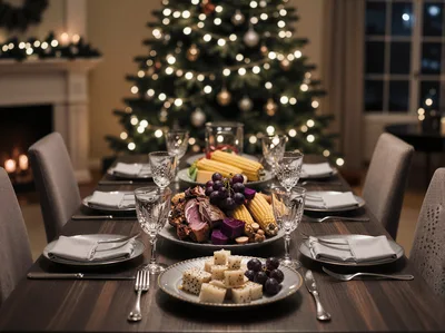 Festive Christmas Dinner Table Setting With Holiday Food