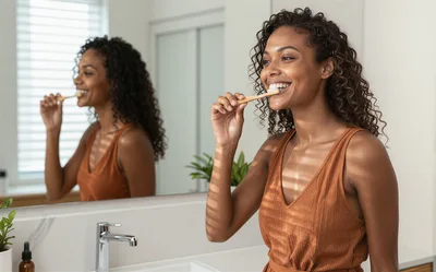 Young Woman Brushing Teeth In Bathroom Mirror
