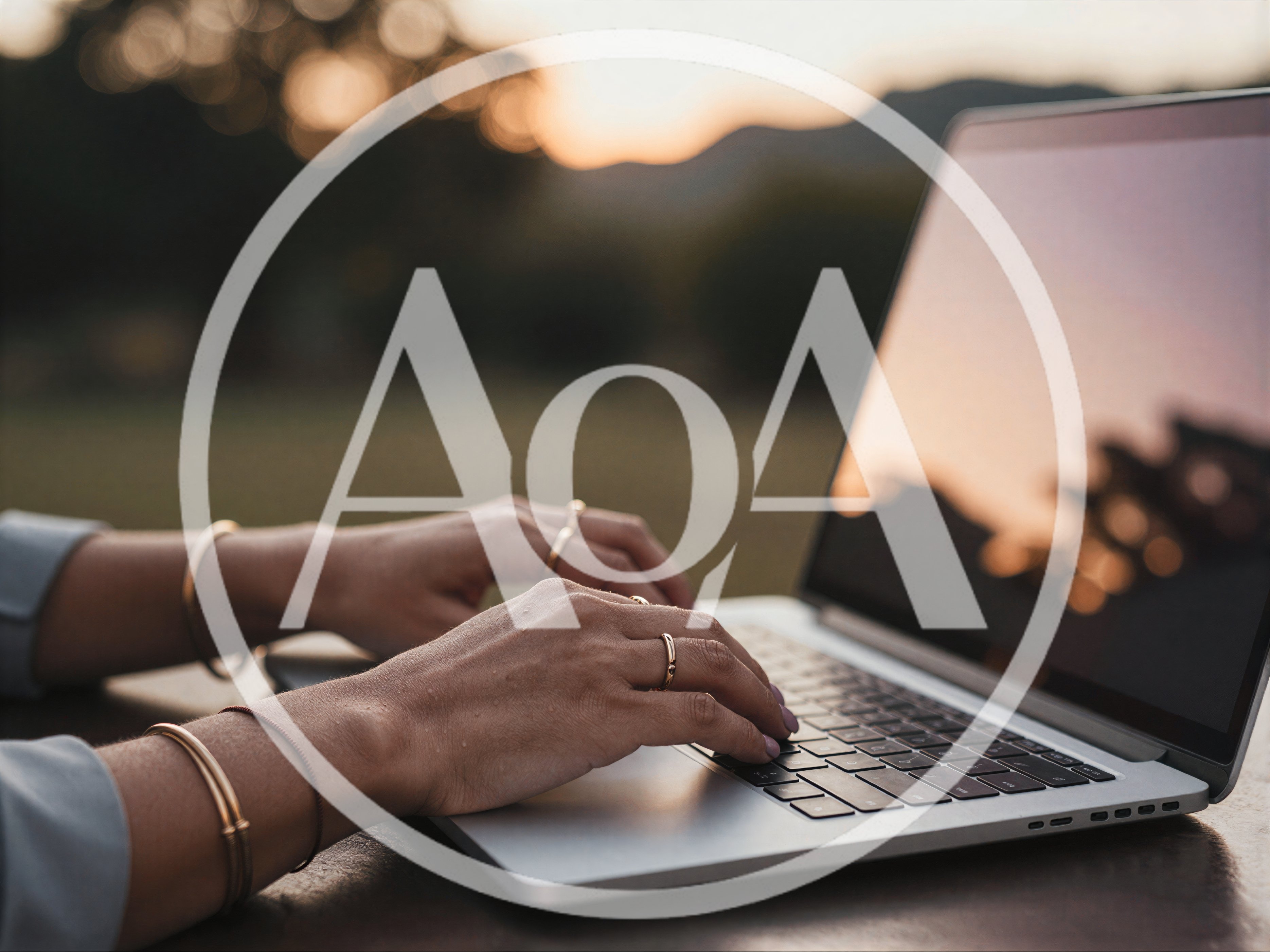 Woman Typing On Laptop Outdoors At Sunset