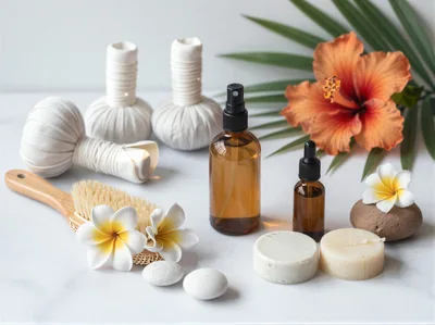 Spa Wellness Treatment Accessories With Tropical Flowers